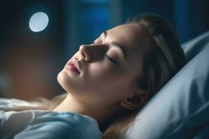 un joven mujer paciente dormido en cama en hospital pabellón. salud cuidado ,generativo ai. foto