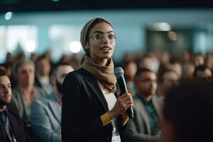 Woman leader delivers a keynote address at a business project conference, talking about the importance of diversity,Generative AI. photo