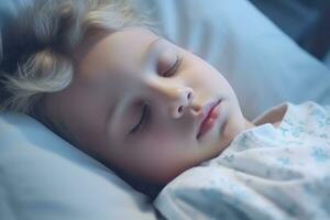 A kid patient sleeping on bed in hospital ward. Health care ,Generative AI. photo