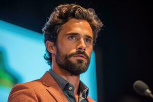 A handsome man leader delivers a keynote address at a tech business conference, talking about the presents he business big project ,Generative AI. photo