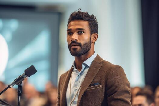 A handsome man leader delivers a keynote address at a tech business conference, talking about the presents he business big project ,Generative AI. photo