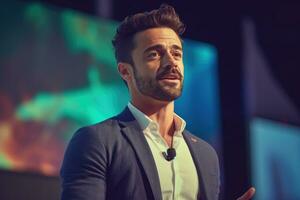 A handsome man leader delivers a keynote address at a tech business conference, talking about the presents he business big project ,Generative AI. photo