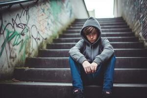 un chico sentado solo a escaleras. estrés y mental problema en infancia ,generativo ai. foto