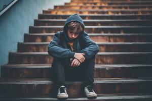 A boy sitting alone at stairs. Stress and mental problem in childhood ,Generative AI. photo