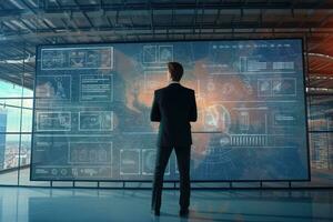 A businessman presents her business project on a large screen ,Generative AI. photo