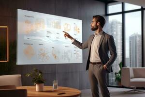 A businessman presents her business project on a large screen ,Generative AI. photo