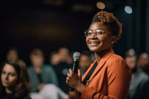 Woman leader delivers a keynote address at a business project conference, talking about the importance of diversity,Generative AI. photo