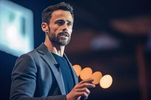 A handsome man leader delivers a keynote address at a tech business conference, talking about the presents he business big project ,Generative AI. photo