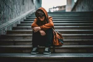 A boy sitting alone at stairs. Stress and mental problem in childhood ,Generative AI. photo