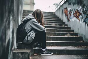 A girl sitting alone at stairs. Stress and mental problem in childhood ,Generative AI. photo