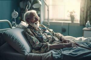 Old years man patient sleeping on bed in hospital ward. Health care ,Generative AI. photo