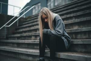 A girl sitting alone at stairs. Stress and mental problem in childhood ,Generative AI. photo