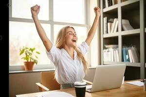Business woman freelancer, Gesturing with her hands rejoicing in victory.Generative AI. photo