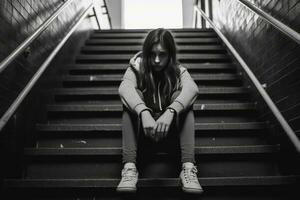 un niña sentado solo a escaleras. estrés y mental problema en infancia ,generativo ai. foto