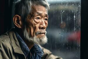 mayor Asia hombre triste y Deprimido mirando fuera de el ventana con gotas de lluvia en el vaso ventana en un lluvioso día ,generativo ai. foto