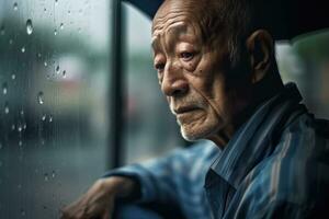 Senior asia man sad and depressed looking out of the window with raindrops on the glass window on a rainy day ,Generative AI. photo