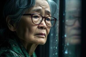 Senior asia woman sad and depressed looking out of the window with raindrops on the glass window on a rainy day ,Generative AI. photo