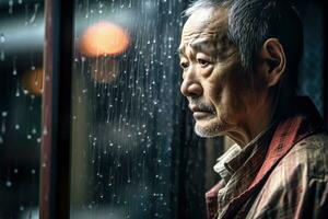 Senior asia man sad and depressed looking out of the window with raindrops on the glass window on a rainy day ,Generative AI. photo