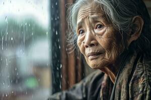 mayor Asia mujer triste y Deprimido mirando fuera de el ventana con gotas de lluvia en el vaso ventana en un lluvioso día ,generativo ai. foto