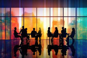 Silhouettes of team in a meeting room with a colorful window behind the,Generative AI. photo