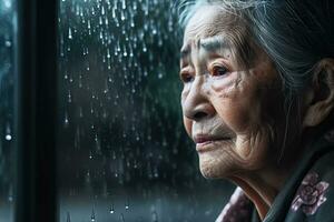 Senior asia woman sad and depressed looking out of the window with raindrops on the glass window on a rainy day ,Generative AI. photo