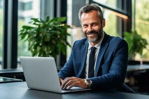 Happy mature adult business man executive sitting at desk using laptop,Generative AI. photo