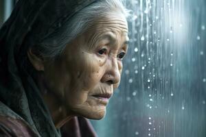 Senior asia woman sad and depressed looking out of the window with raindrops on the glass window on a rainy day ,Generative AI. photo