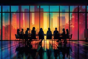 Silhouettes of team in a meeting room with a colorful window behind the,Generative AI. photo