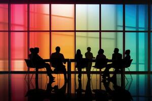 Silhouettes of team in a meeting room with a colorful window behind the,Generative AI. photo