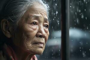 mayor Asia mujer triste y Deprimido mirando fuera de el ventana con gotas de lluvia en el vaso ventana en un lluvioso día ,generativo ai. foto