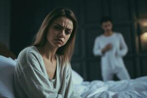 Unhappy woman having problems with a man in bed ,Generative AI. photo