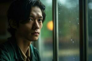 Asia joven hombre triste de sentar en el borde el ventana con gotas de lluvia en el vaso ventana en un lluvioso día ,generativo ai. foto