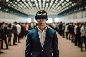 Business manager man attend meeting wearing vr virtual goggle glasses standing in autitorium convention hall with crowd of business office background,Generative AI. photo