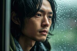 Asia young man sad of sit on the edge the window with raindrops on the glass window on a rainy day ,Generative AI. photo