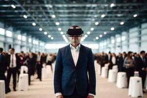 Business manager man attend meeting wearing vr virtual goggle glasses standing in autitorium convention hall with crowd of business office background,Generative AI. photo