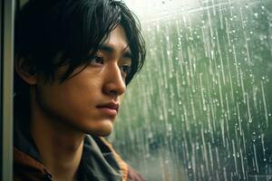 Asia joven hombre triste de sentar en el borde el ventana con gotas de lluvia en el vaso ventana en un lluvioso día ,generativo ai. foto