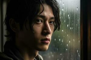 Asia young man sad of sit on the edge the window with raindrops on the glass window on a rainy day ,Generative AI. photo