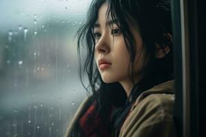 Asia joven mujer triste de sentar en el borde el ventana con gotas de lluvia en el vaso ventana en un lluvioso día ,generativo ai. foto