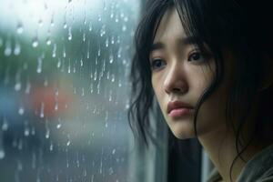 Asia joven mujer triste de sentar en el borde el ventana con gotas de lluvia en el vaso ventana en un lluvioso día ,generativo ai. foto