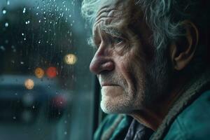 Senior man sad and depressed looking out of the window with raindrops on the glass window on a rainy day ,Generative AI. photo