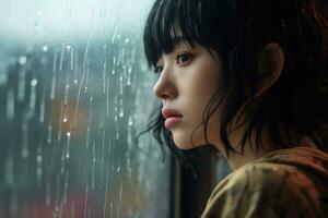 Asia joven mujer triste de sentar en el borde el ventana con gotas de lluvia en el vaso ventana en un lluvioso día ,generativo ai. foto