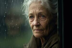 mayor mujer triste y Deprimido mirando fuera de el ventana con gotas de lluvia en el vaso ventana en un lluvioso día ,generativo ai. foto