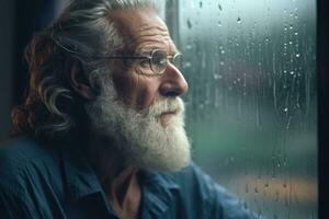Senior man sad and depressed looking out of the window with raindrops on the glass window on a rainy day ,Generative AI. photo