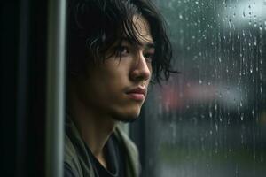 Asia joven hombre triste de sentar en el borde el ventana con gotas de lluvia en el vaso ventana en un lluvioso día ,generativo ai. foto