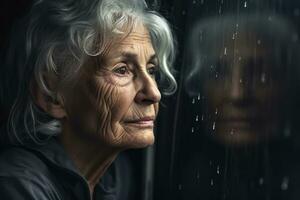 Senior woman sad and depressed looking out of the window with raindrops on the glass window on a rainy day ,Generative AI. photo