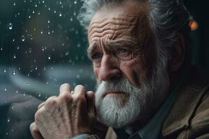 Senior man sad and depressed looking out of the window with raindrops on the glass window on a rainy day ,Generative AI. photo