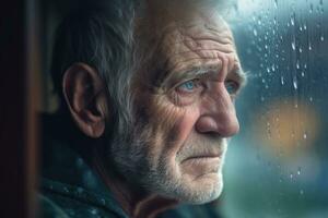 Senior man sad and depressed looking out of the window with raindrops on the glass window on a rainy day ,Generative AI. photo