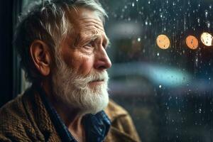 Senior man sad and depressed looking out of the window with raindrops on the glass window on a rainy day ,Generative AI. photo