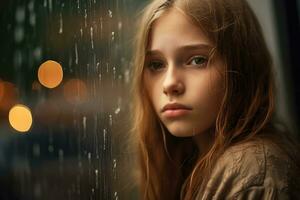 A young girl sad of sit on the edge the window with raindrops on the glass window on a rainy day ,Generative AI. photo