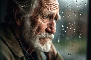 Senior man sad and depressed looking out of the window with raindrops on the glass window on a rainy day ,Generative AI. photo